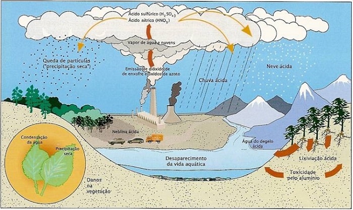 Esquema mostrando como se forma a chuva ácida
